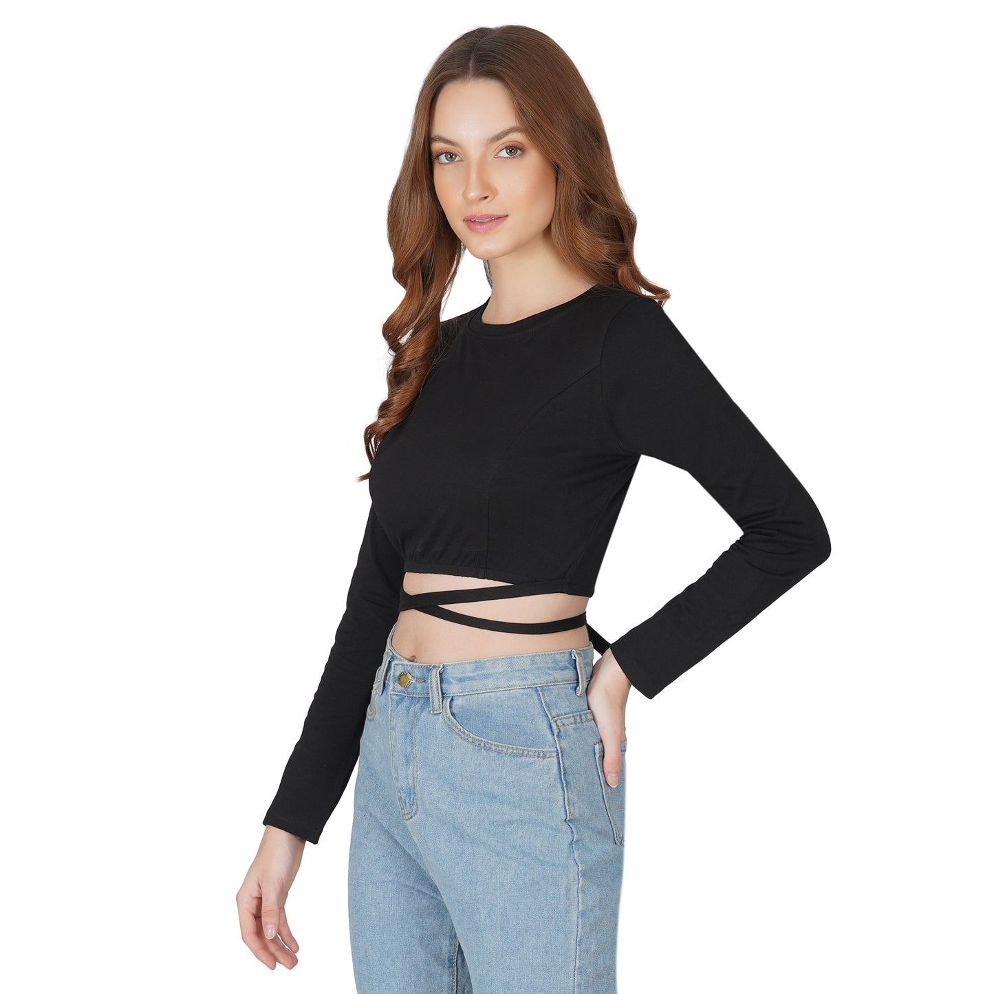 SLAY. Women's Black Full Sleeves Crop Top with Back Wrap around Strings-clothing-to-slay.myshopify.com-Crop Top