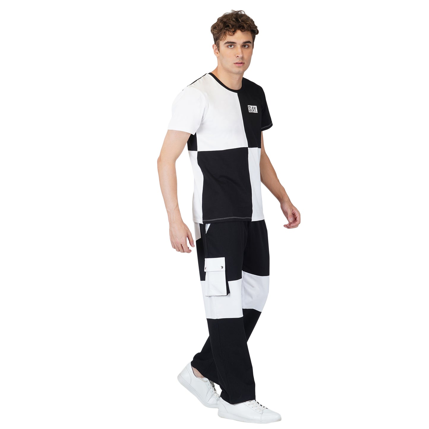 SLAY. Men's Black & White T-shirt & Cargo Pants Co-ord Set