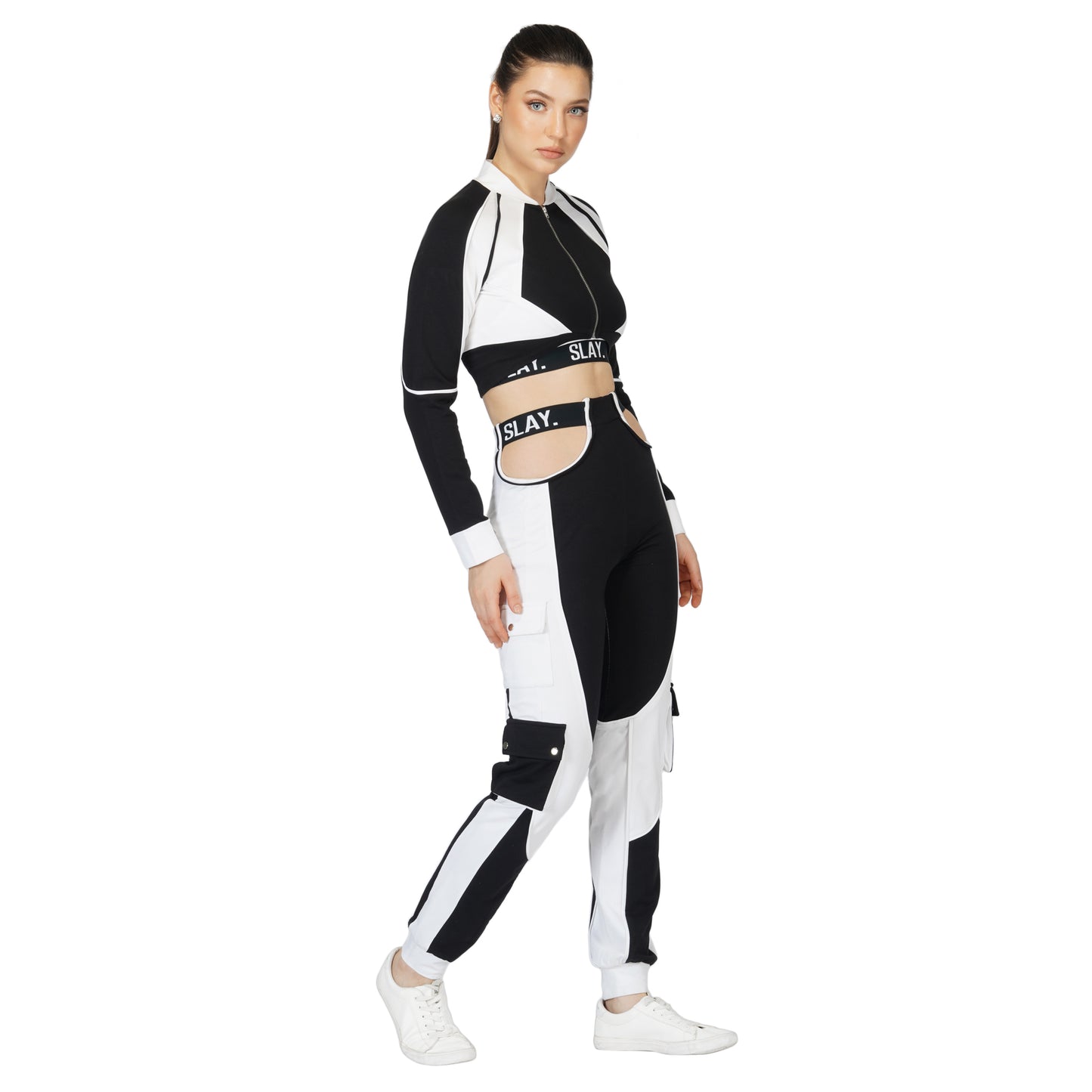 SLAY. Women's Tracksuit - Black & White Colorblock Crop Jacket & High Waist Cargo Pants Co-ord Set - Activewear Streetwear