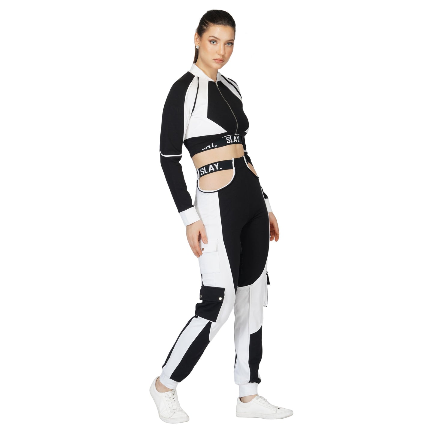SLAY. Sport Women's Activewear Black & White Colorblock High Waist Cargo Jogger Pants Streetwear
