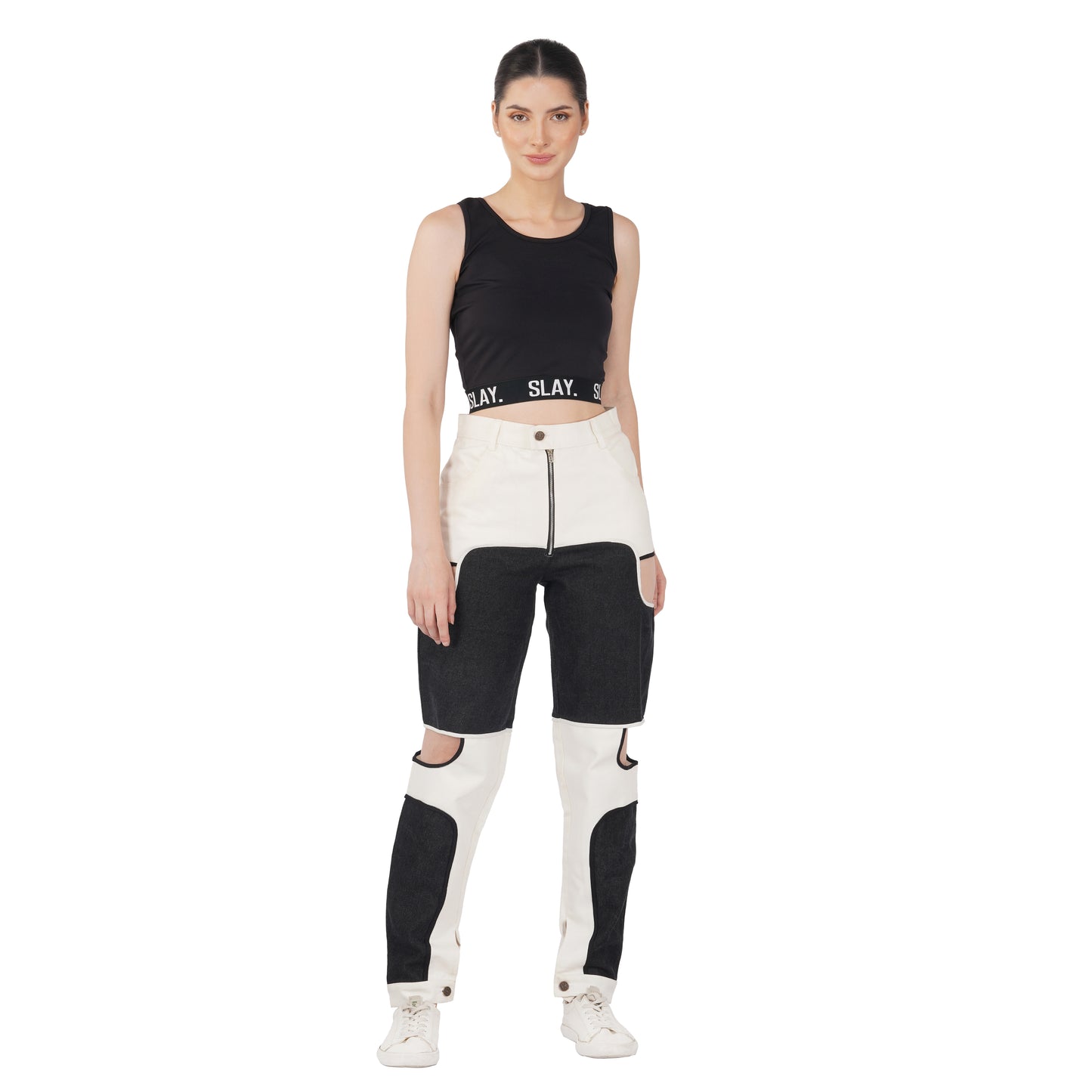 SLAY. Women's Side Cutout Black & White Colorblock Denim Jeans