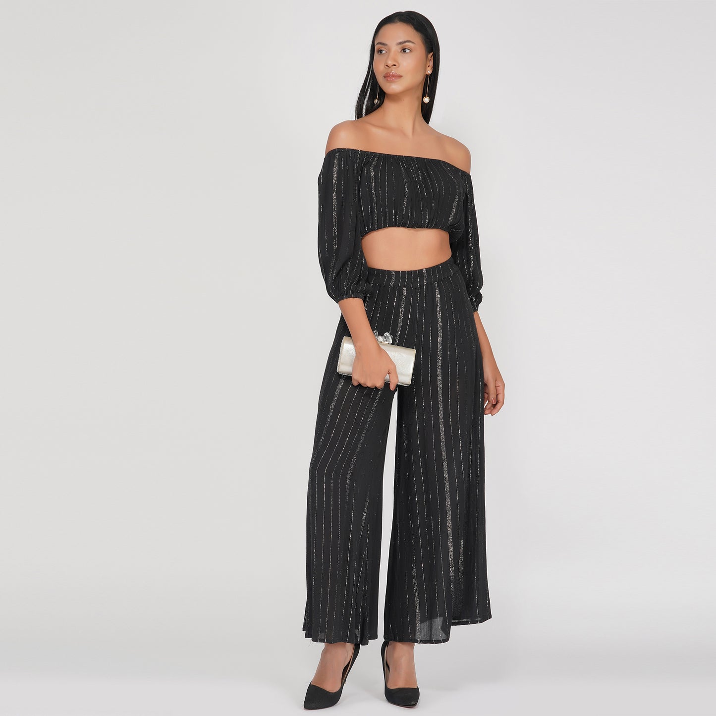 SLAY. Women's Black Lurex Off Shoulder Strapless Crop Top With Palazzo Co-ord Set-clothing-to-slay.myshopify.com-Off Shoulder Crop Top With Palazzo Set
