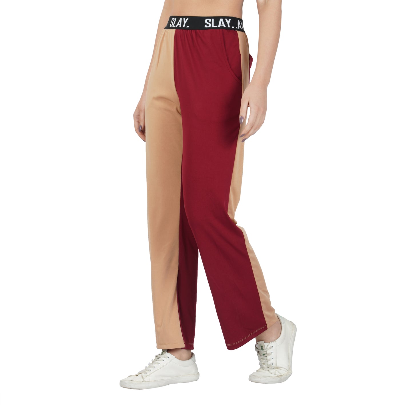 SLAY. Sport Women's Beige & Red Colorblock Bikini Crop Top & Pants Co-ord Set