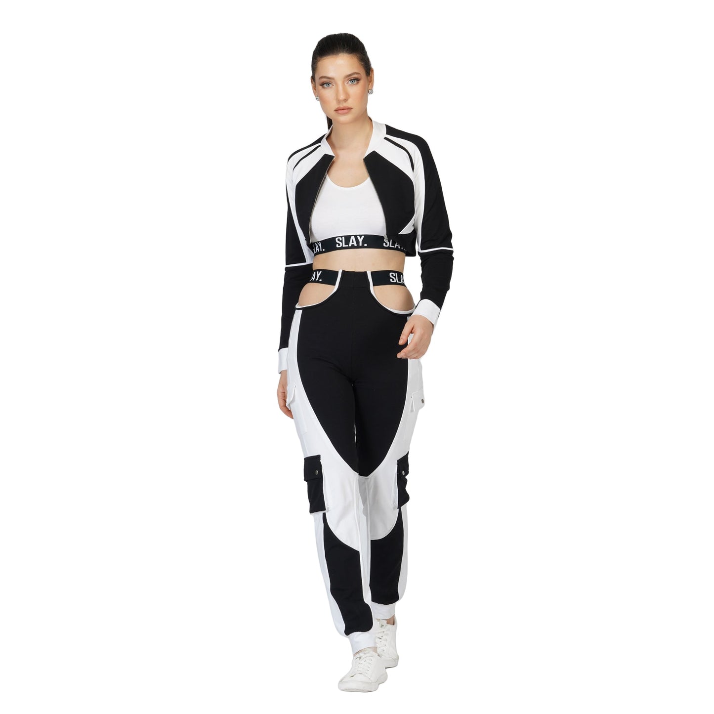 SLAY. Women's Activewear Crop Jacket Black & White Colorblock Streetwear