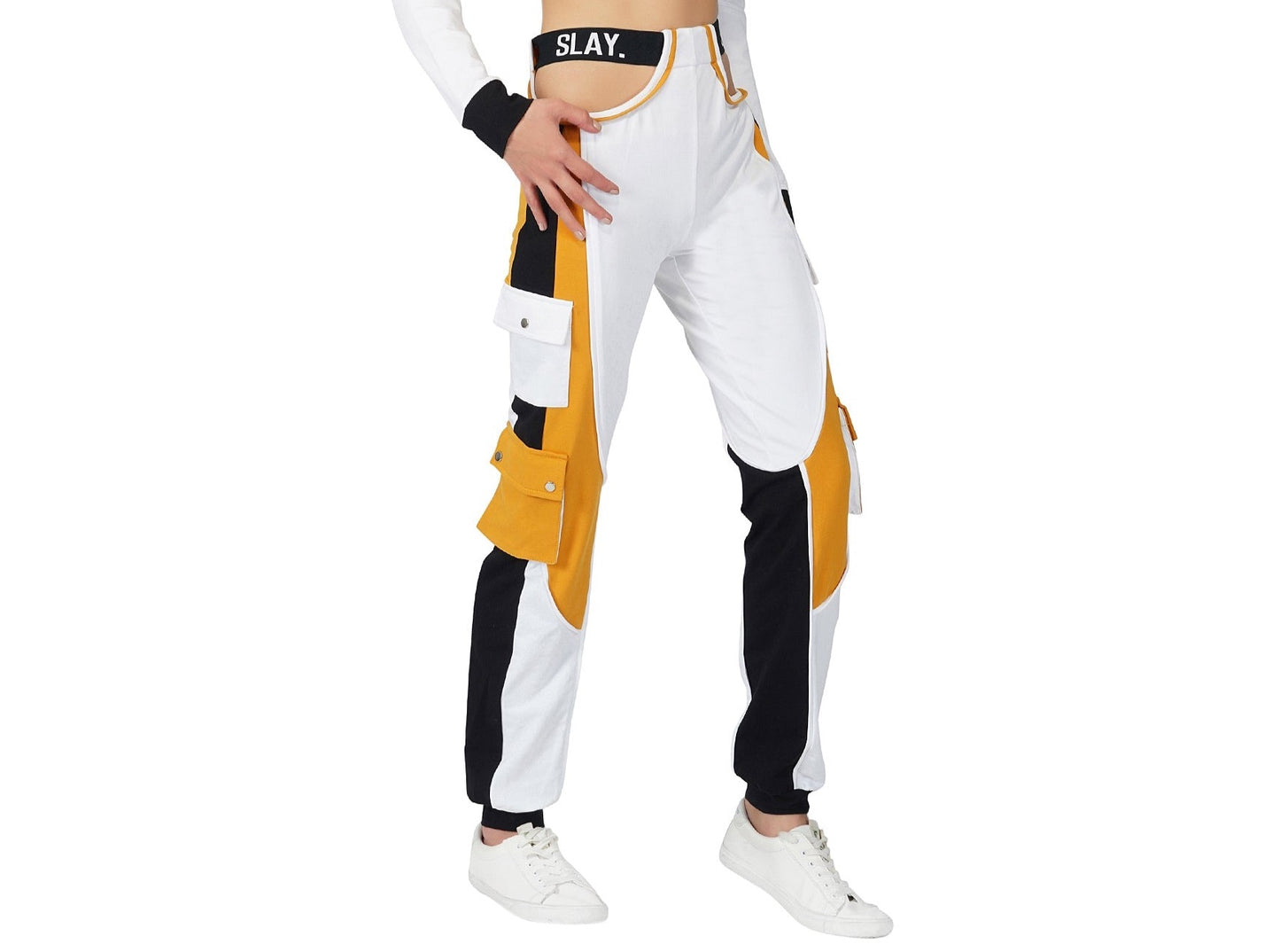 SLAY. Women's Activewear High Waist White Mustard Colorblock Cargo Jogger Pants Streetwear