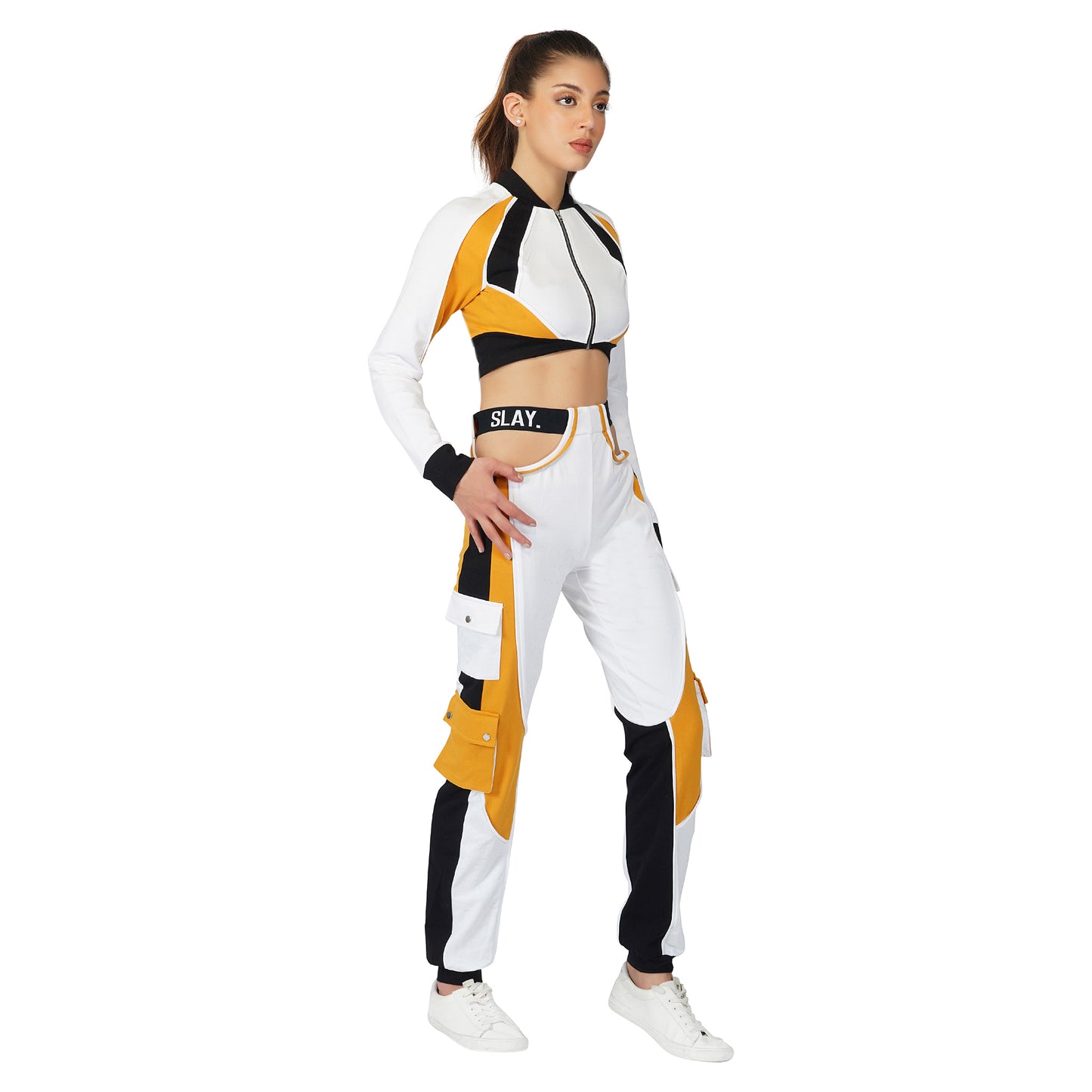 SLAY. Women's Activewear Tracksuit Mustard Colorblock Crop Jacket & Cargo Pants Co-ord Set Streetwear