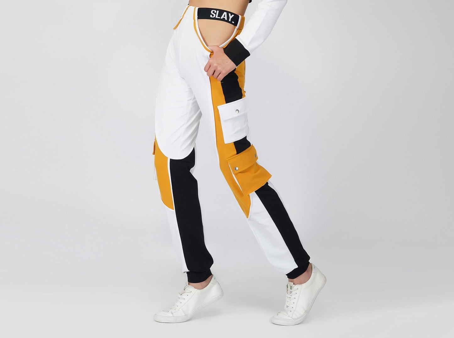 SLAY. Women's Activewear High Waist White Mustard Colorblock Cargo Jogger Pants Streetwear