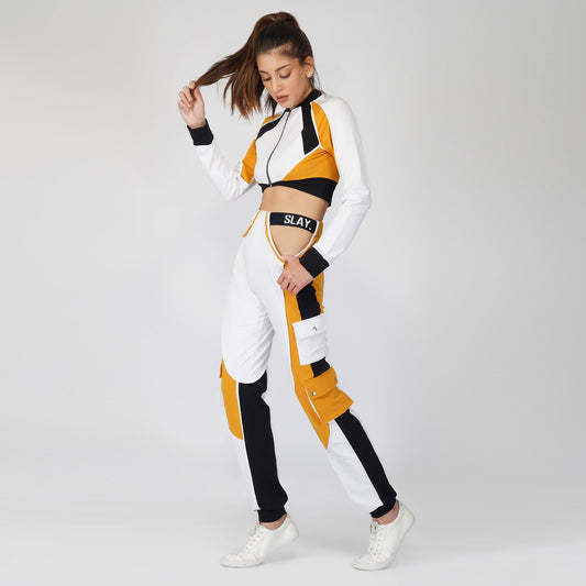 SLAY. Women's Activewear Tracksuit Mustard Colorblock Crop Jacket & Cargo Pants Co-ord Set Streetwear