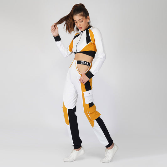 SLAY. Women's Activewear Tracksuit Mustard Colorblock Crop Jacket & Cargo Pants Co-ord Set(3 piece)