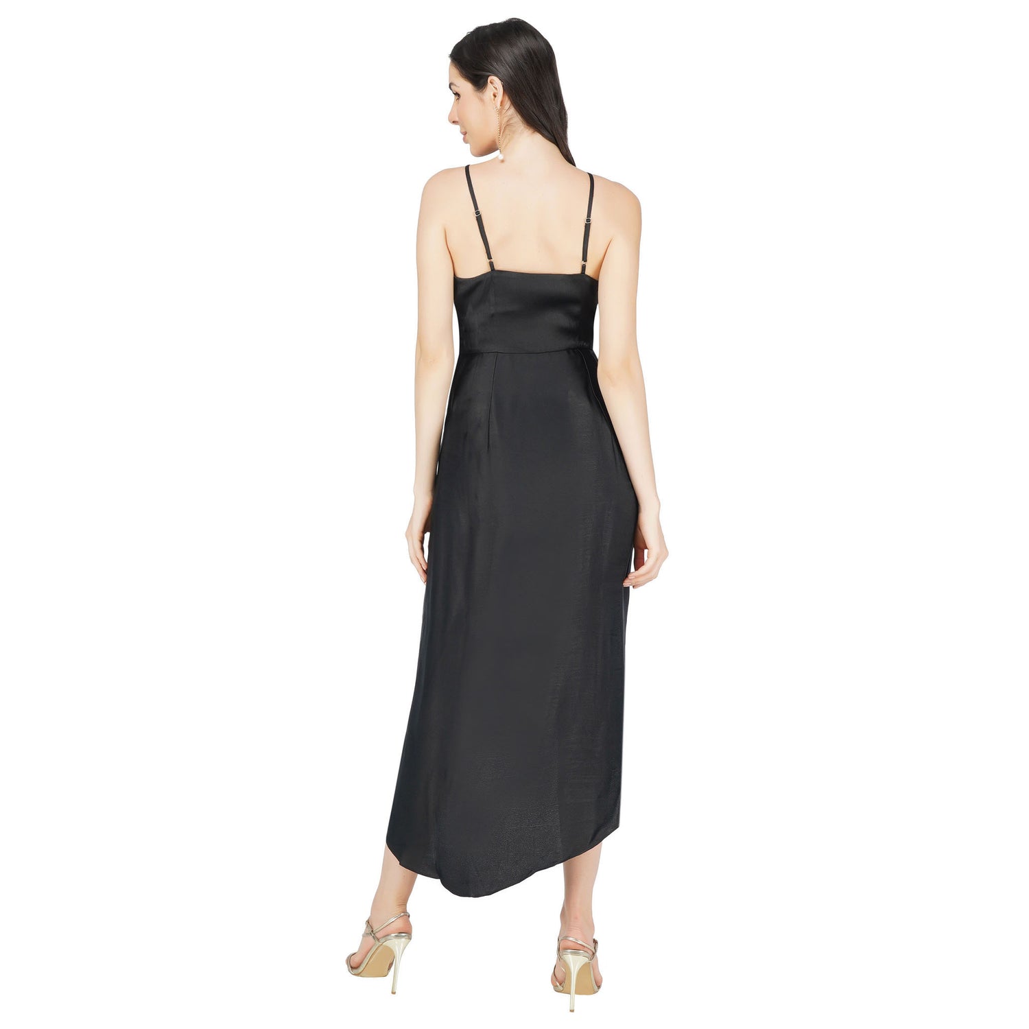 SLAY. Women's Black Shimmer Fabric Ruched Satin Maxi Dress with Front Slit-clothing-to-slay.myshopify.com-