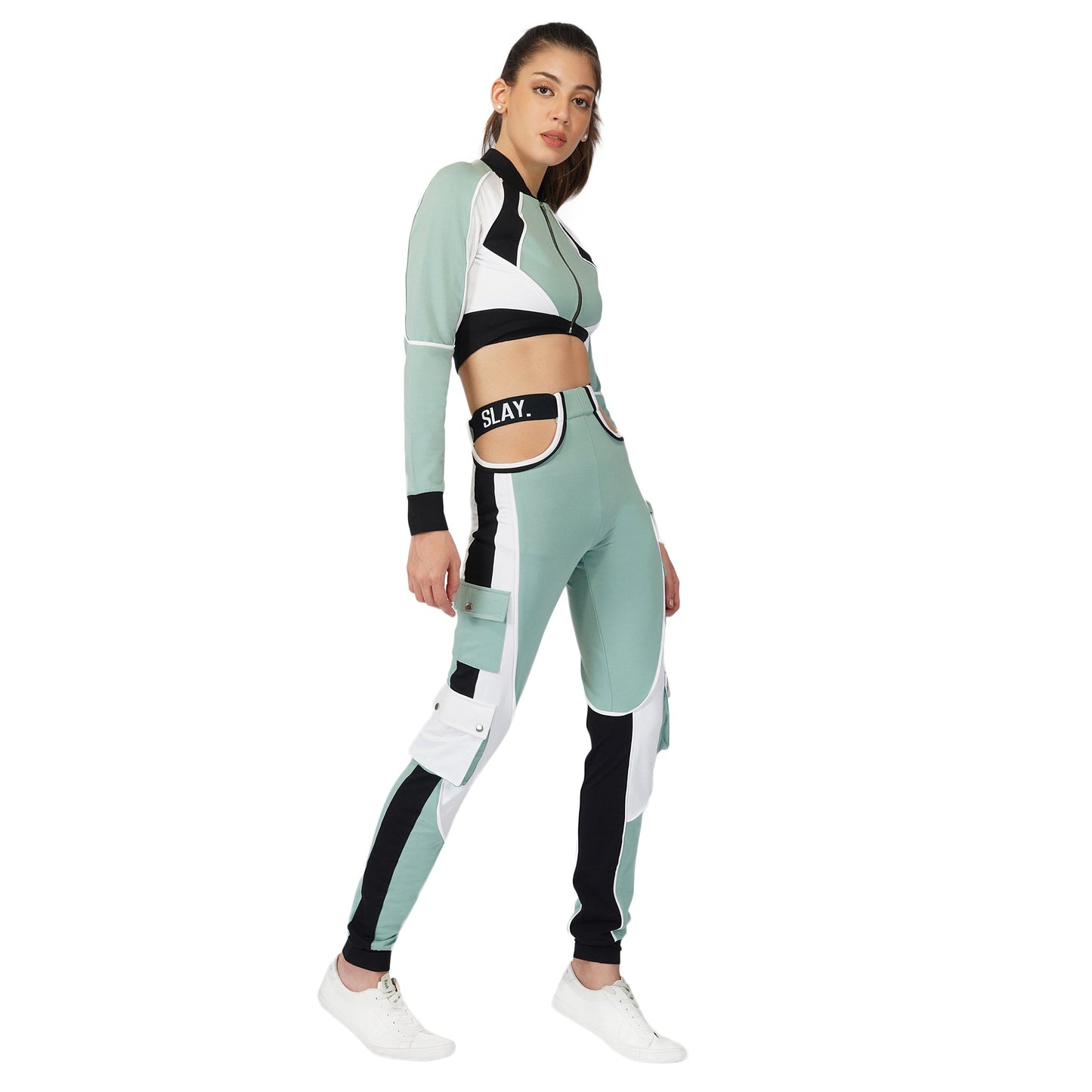 SLAY. Women's Activewear Joggers Turquoise Colorblock Cargo Pants Streetwear