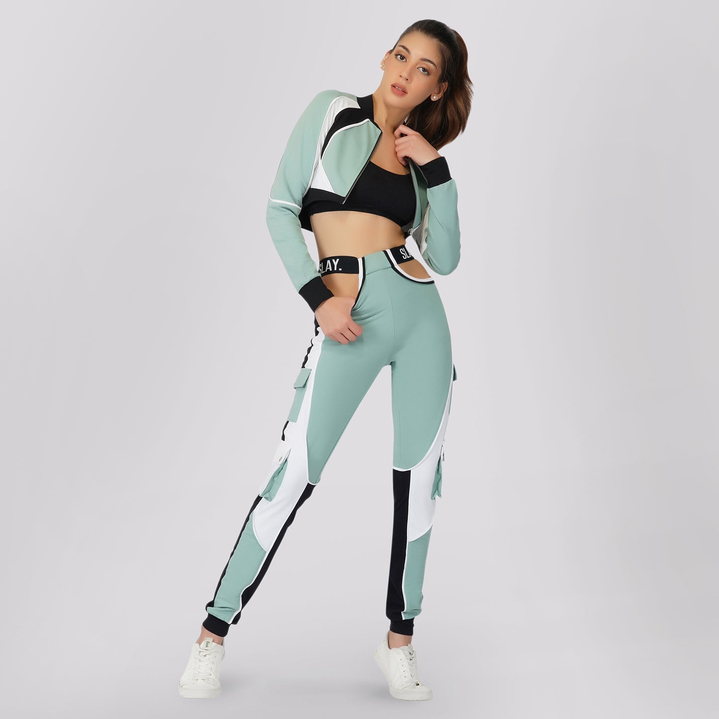 SLAY. Women's Activewear Tracksuit Turquoise Colorblock Crop Jacket & Cargo Pants Co-ord Set Streetwear