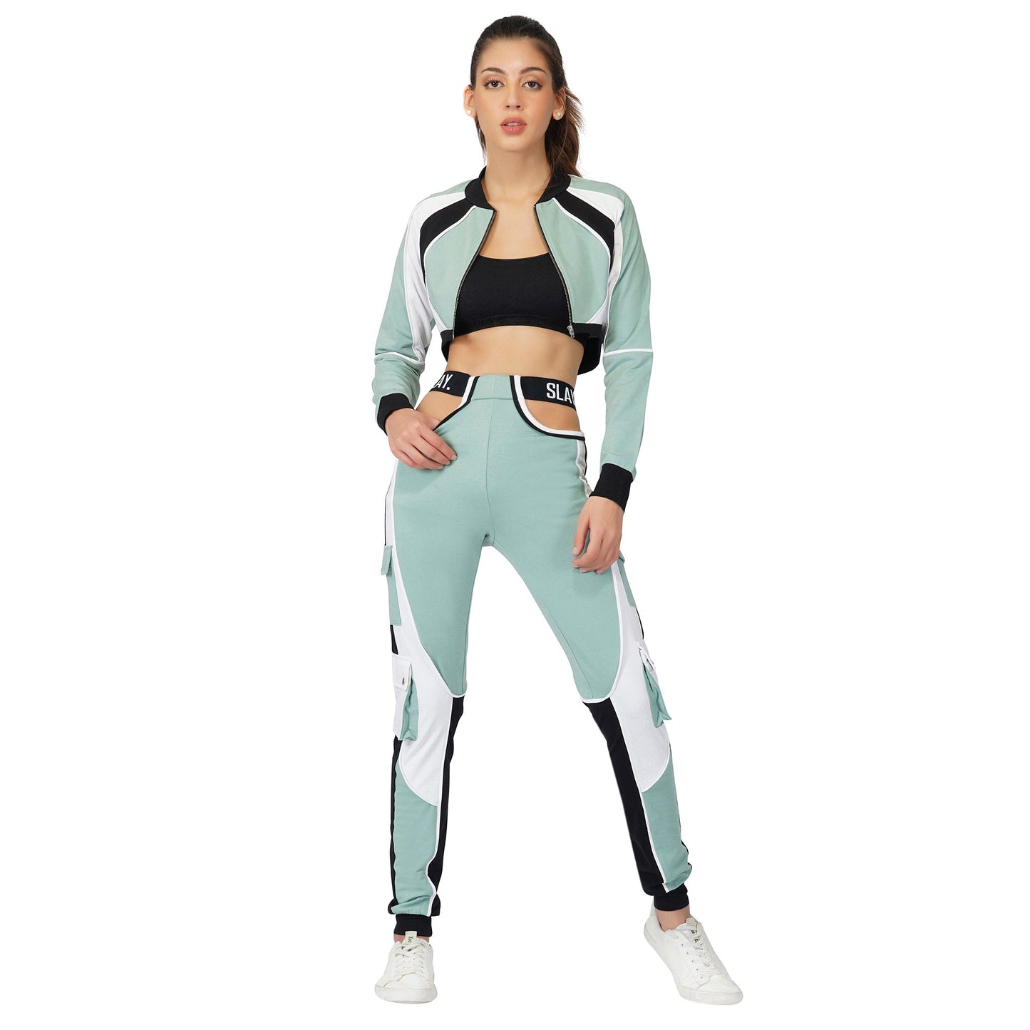 SLAY. Women's Activewear Joggers Turquoise Colorblock Cargo Pants Streetwear