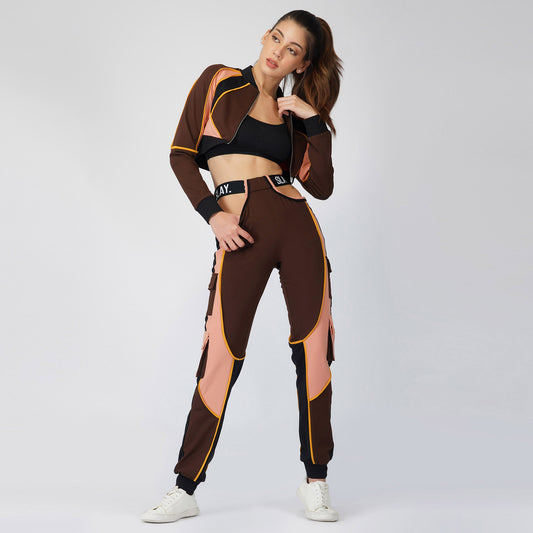 SLAY. Women's Activewear Tracksuit Brown Colorblock Crop Jacket & High Waist Cargo Pants Co-ord Set(3 piece)