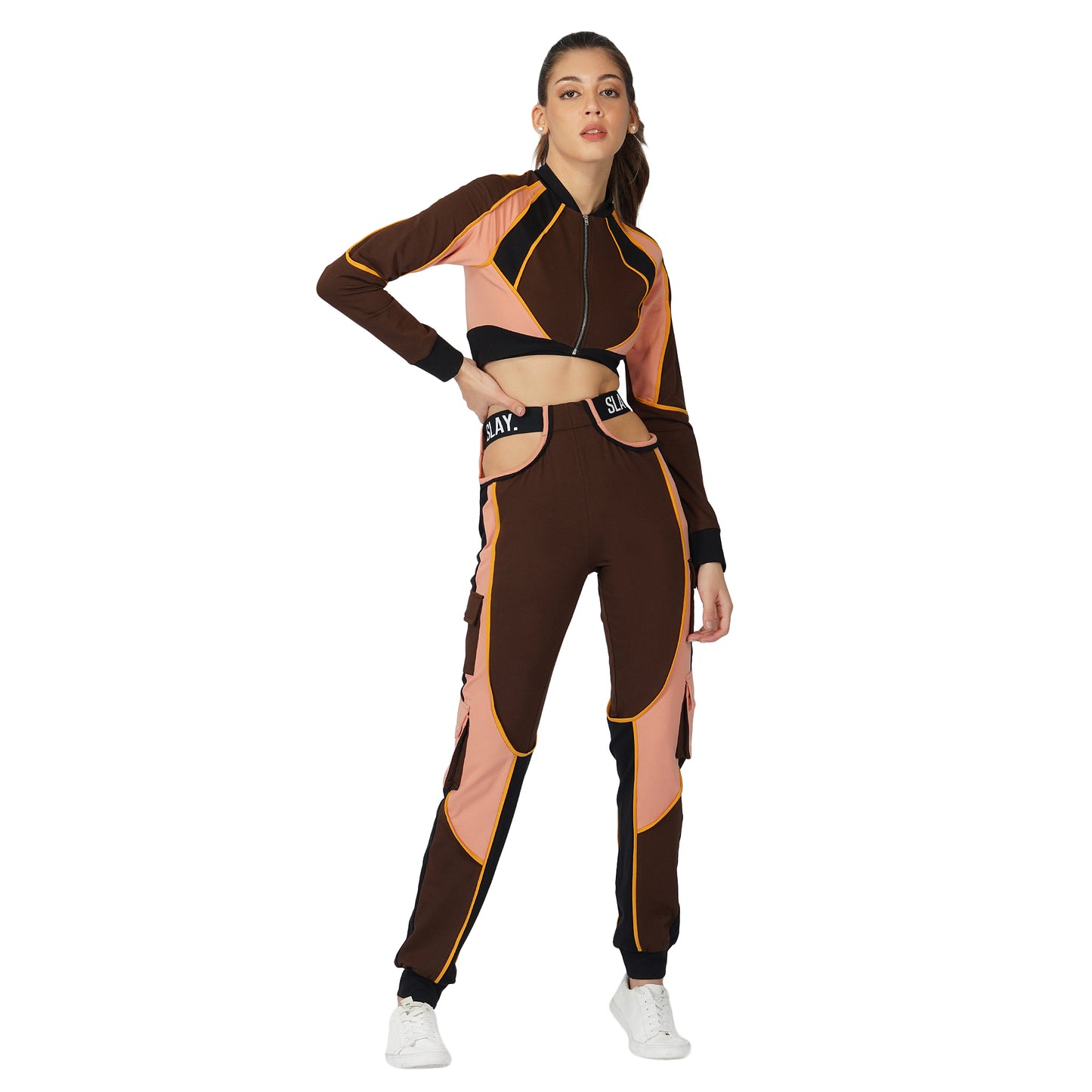 SLAY. Women's Activewear Tracksuit Brown Colorblock Crop Jacket & High Waist Cargo Pants Co-ord Set Streetwear