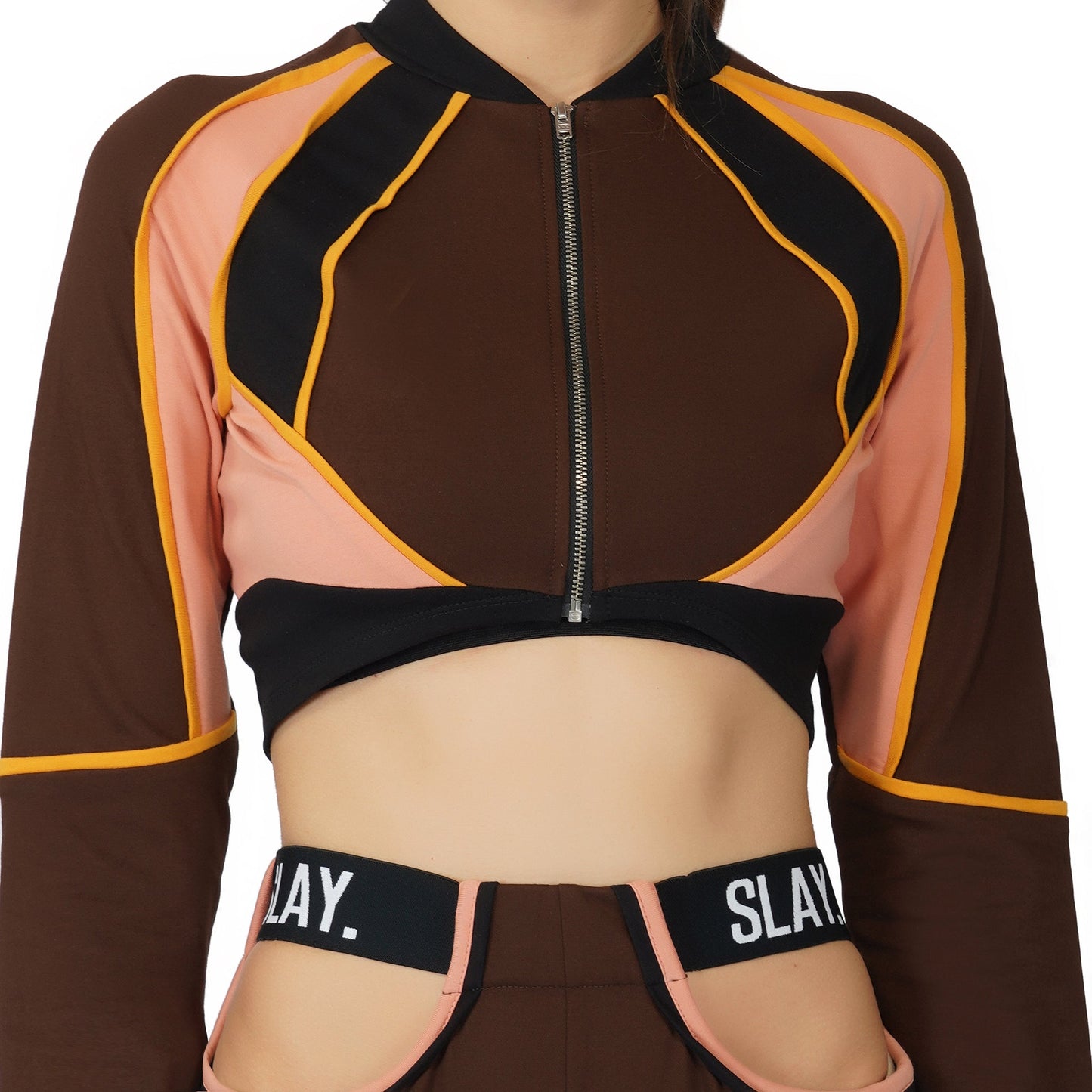 SLAY. Women's Brown Colorblock Crop Jacket Activewear Streetwear