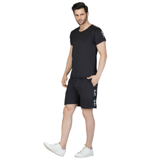 SLAY. Men's Black T shirt & Shorts Co-ord Set(4 way Stretch Fabric)