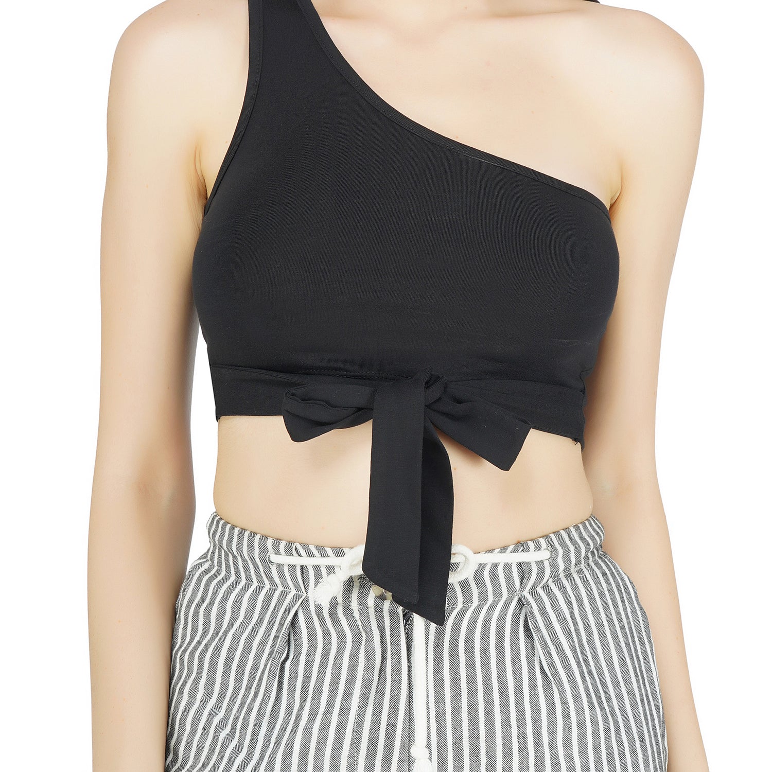 SLAY. Women's One shoulder Black Crop Top with Bow-clothing-to-slay.myshopify.com-Crop Top