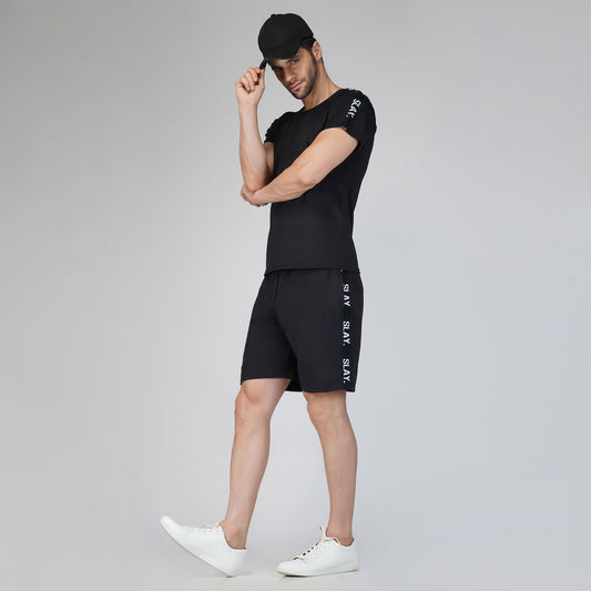 SLAY. Men's Black T shirt & Shorts Co-ord Set(4 way Stretch Fabric)