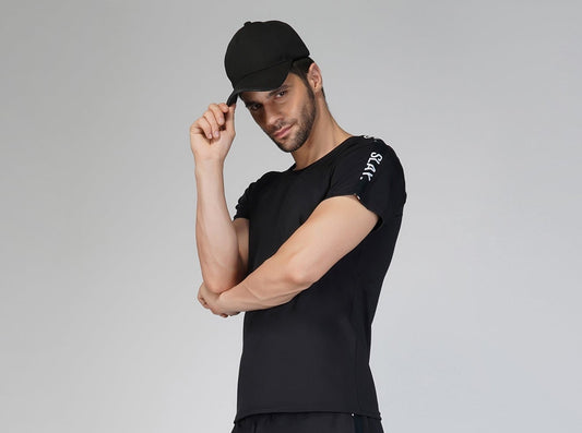 SLAY. Men's Black T shirt with SLAY. Side Strip