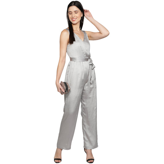 SLAY. Women's Silver Poly Shimmer Jumpsuit with waist belt-clothing-to-slay.myshopify.com-Dress