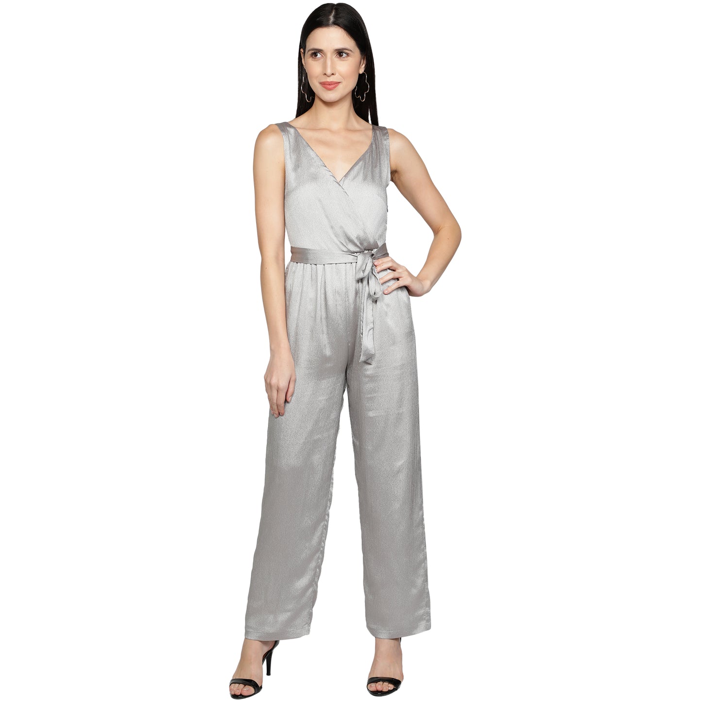 SLAY. Women's Silver Poly Shimmer Jumpsuit with waist belt-clothing-to-slay.myshopify.com-Dress