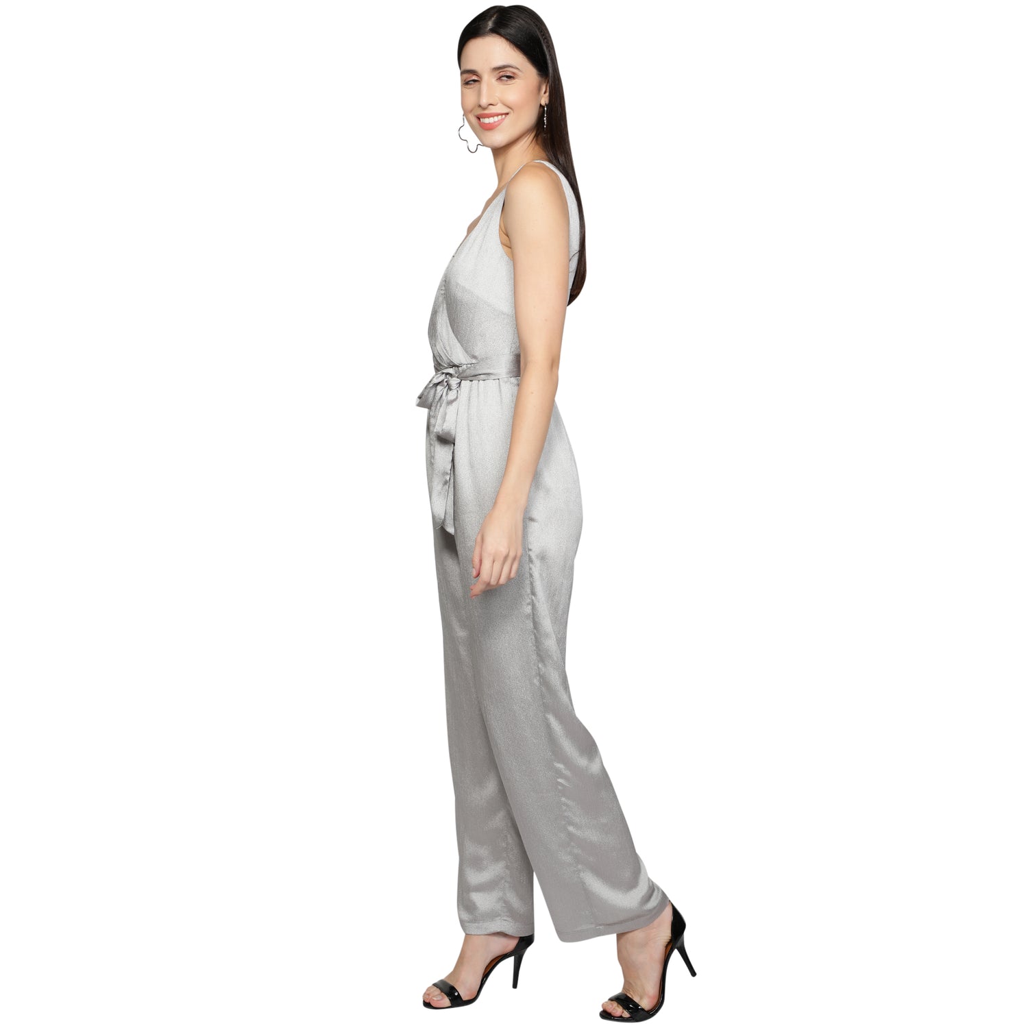 SLAY. Women's Silver Poly Shimmer Jumpsuit with waist belt-clothing-to-slay.myshopify.com-Dress