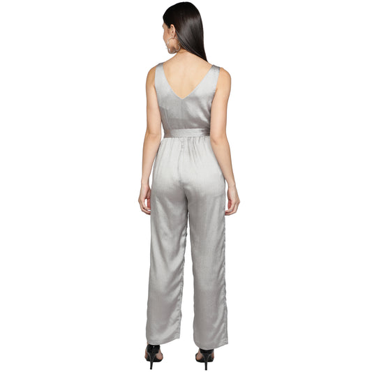 SLAY. Women's Silver Poly Shimmer Jumpsuit with waist belt-clothing-to-slay.myshopify.com-Dress