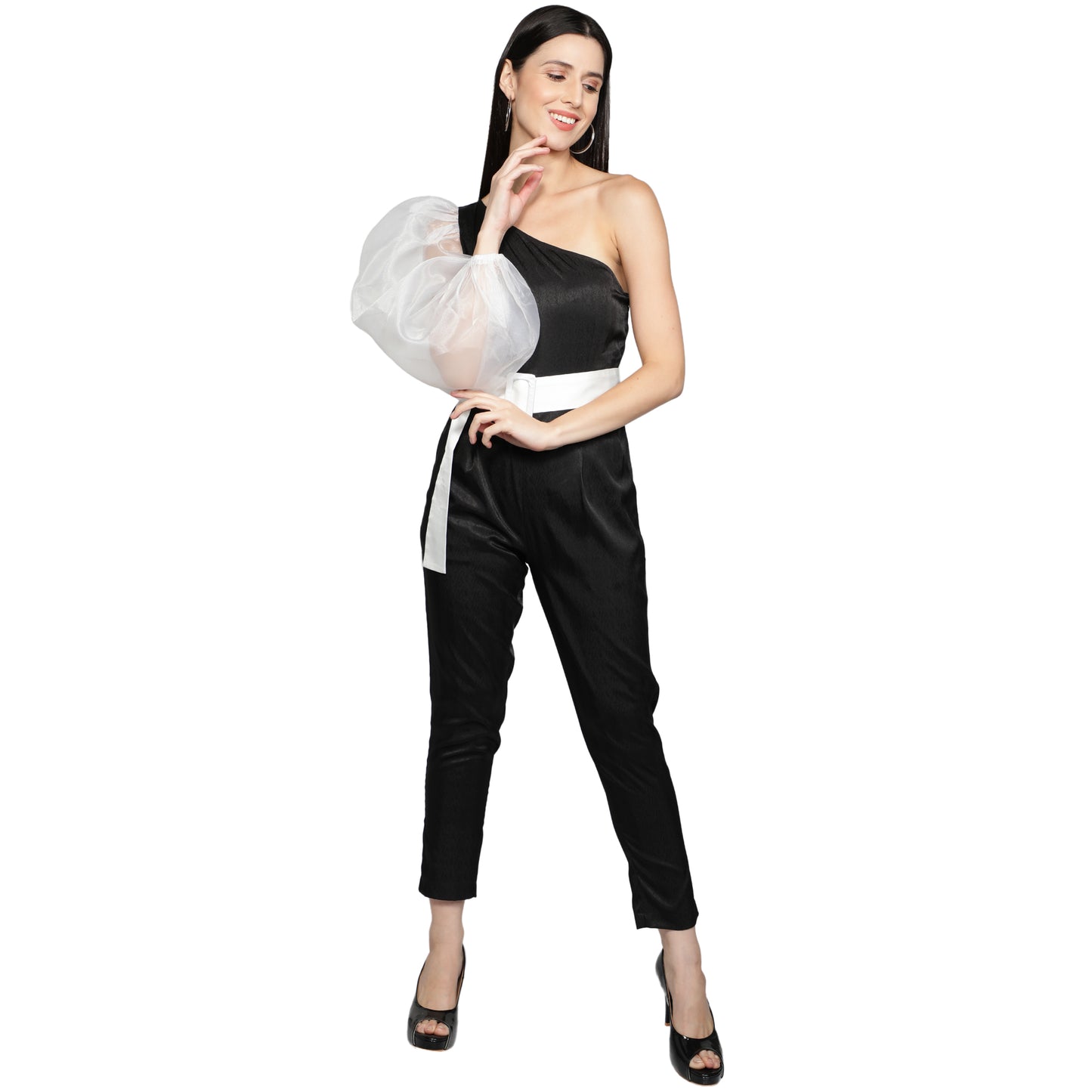 SLAY. Women's Black Balloon Sleeve Poly Textured Jumpsuit with White waist belt-clothing-to-slay.myshopify.com-Jumpsuit