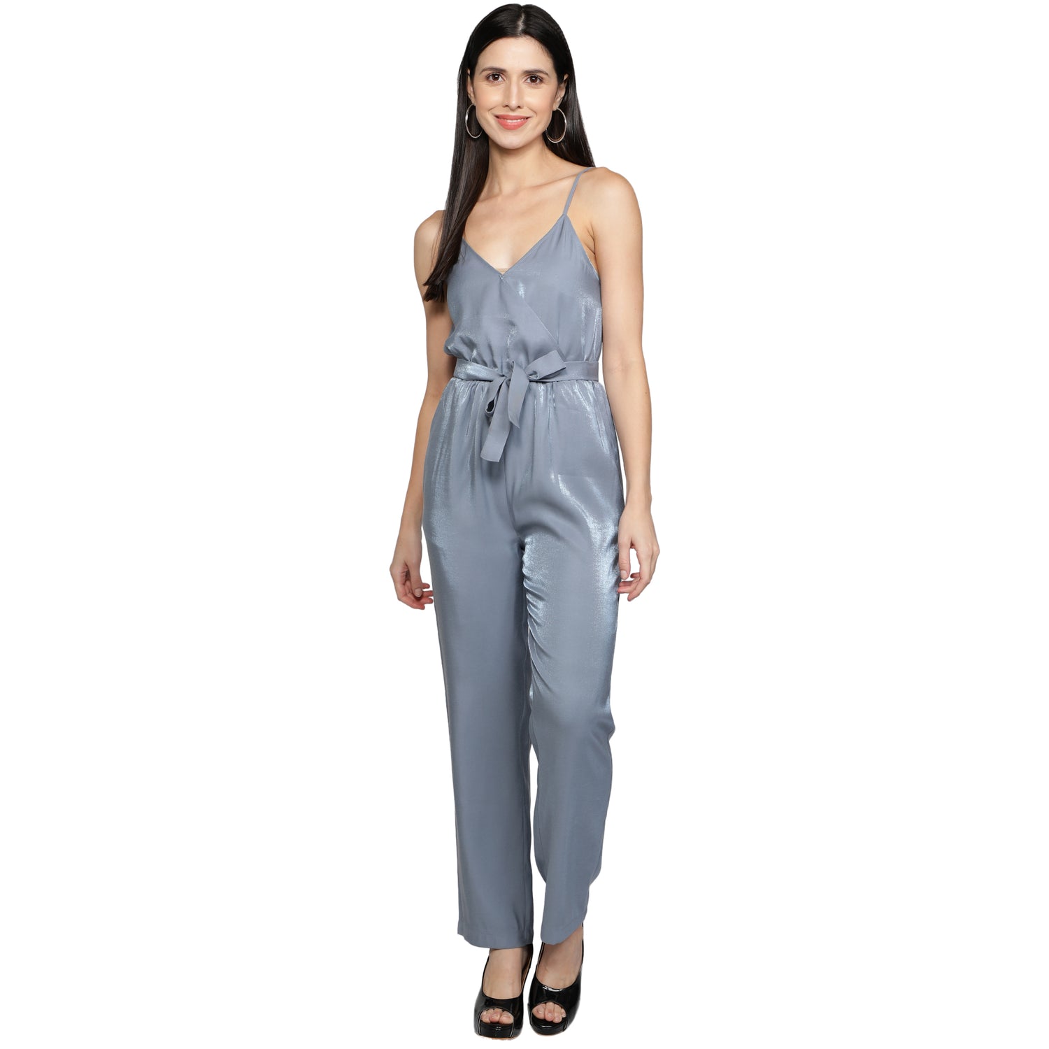SLAY. Women's Blue Poly Twill Shimmer Jumpsuit with waist belt-clothing-to-slay.myshopify.com-Dress