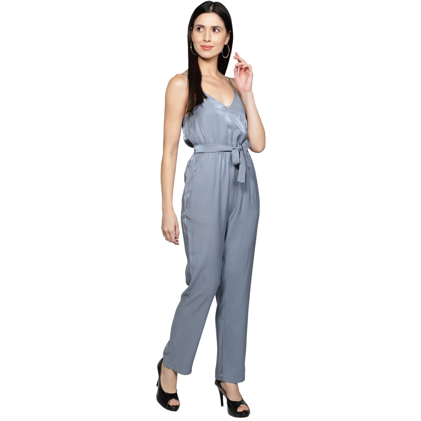 SLAY. Women's Blue Poly Twill Shimmer Jumpsuit with waist belt-clothing-to-slay.myshopify.com-Dress