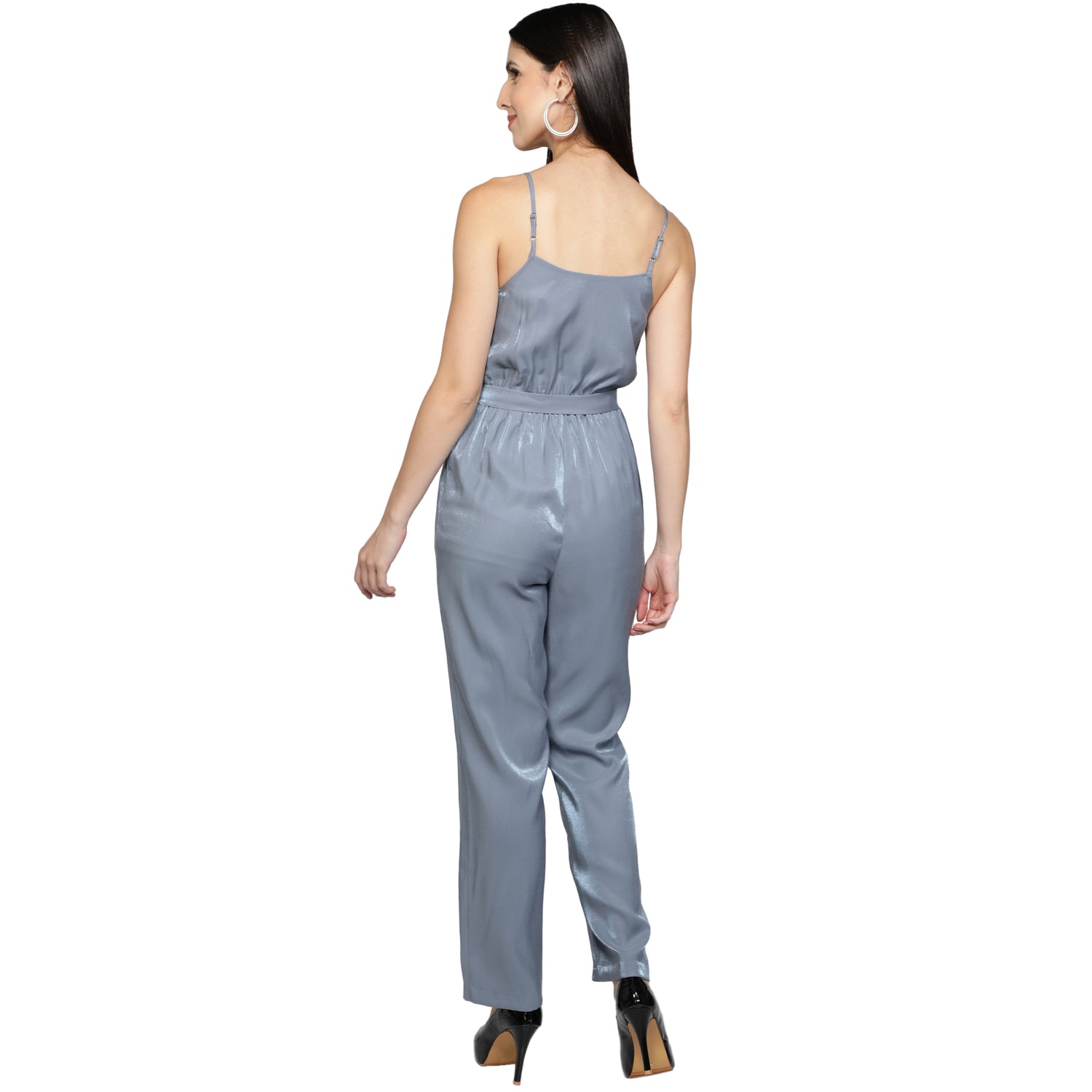 SLAY. Women's Blue Poly Twill Shimmer Jumpsuit with waist belt-clothing-to-slay.myshopify.com-Dress