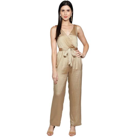 SLAY. Women's Gold Poly Shimmer Jumpsuit with waist belt-clothing-to-slay.myshopify.com-Dress