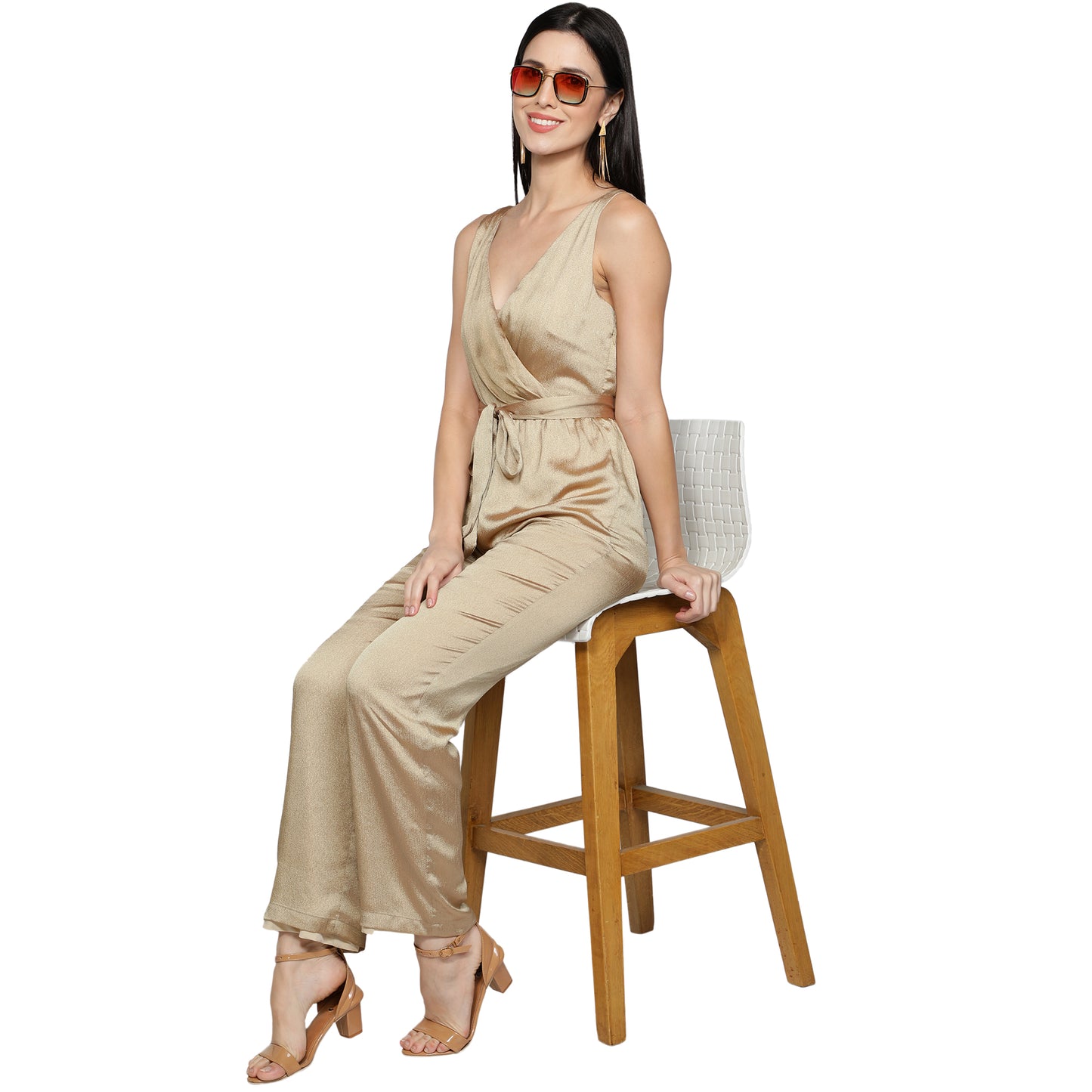 SLAY. Women's Gold Poly Shimmer Jumpsuit with waist belt-clothing-to-slay.myshopify.com-Dress