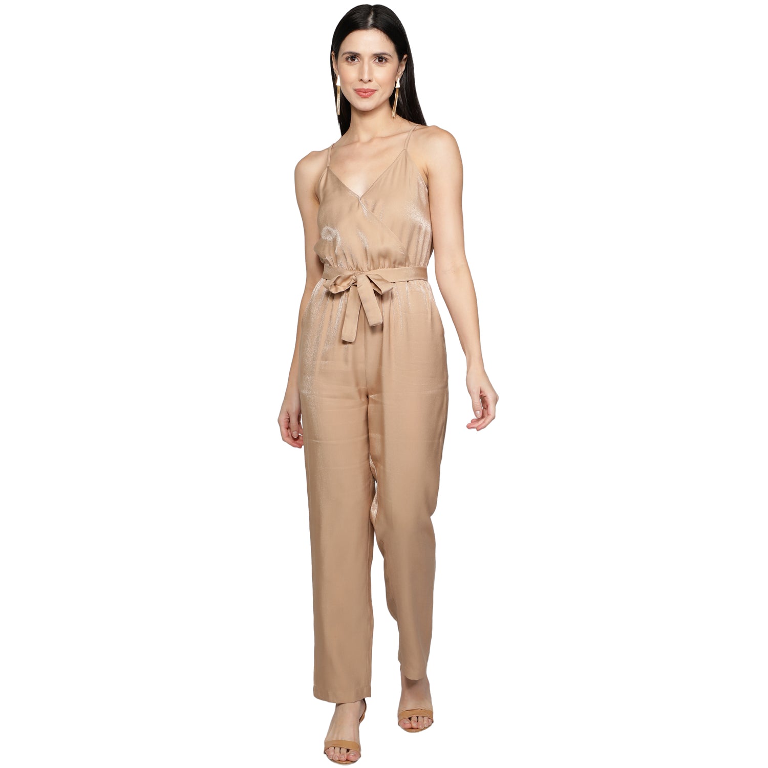 SLAY. Women's Beige Poly Twill Shimmer Jumpsuit with waist belt-clothing-to-slay.myshopify.com-Dress