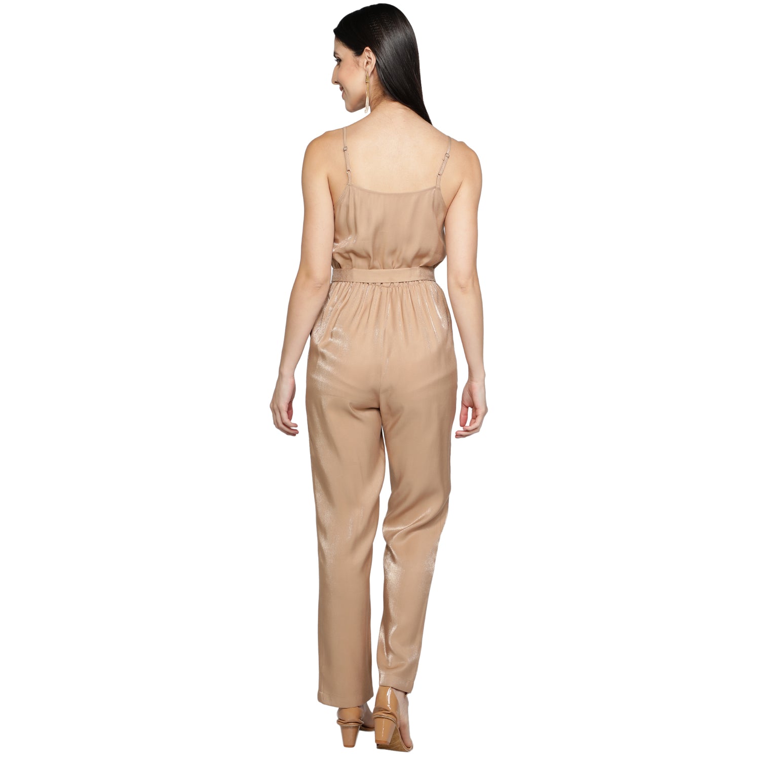 SLAY. Women's Beige Poly Twill Shimmer Jumpsuit with waist belt-clothing-to-slay.myshopify.com-Dress