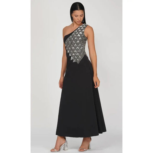 SLAY. Off Should Silver Sequence Dress with Waist Side Cutout