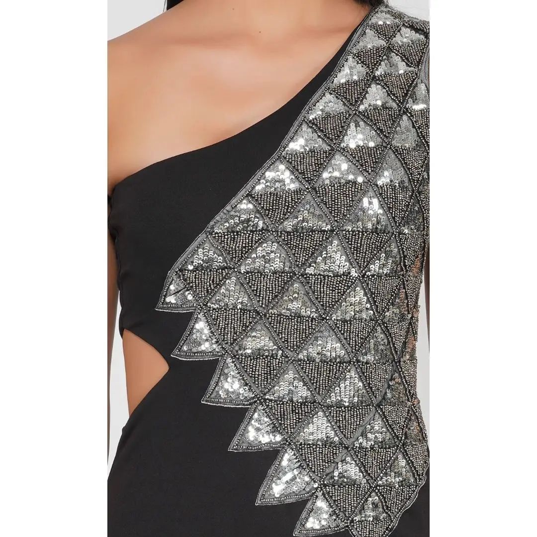 SLAY. Off Should Silver Sequence Dress with Waist Side Cutout