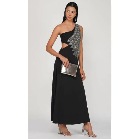 SLAY. Off Should Silver Sequence Dress with Waist Side Cutout