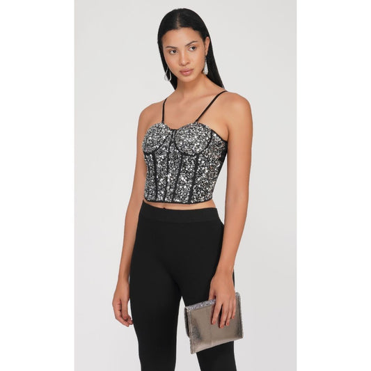 SLAY. Silver Beaded Corset Top with Adjustable Straps
