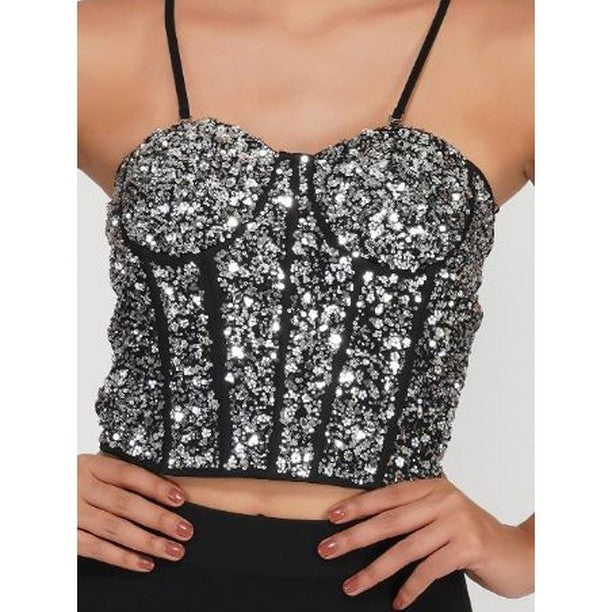 SLAY. Silver Beaded Corset Top with Adjustable Straps