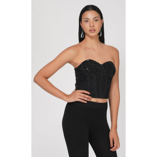 SLAY. Black Beaded Corset Top with Adjustable Straps