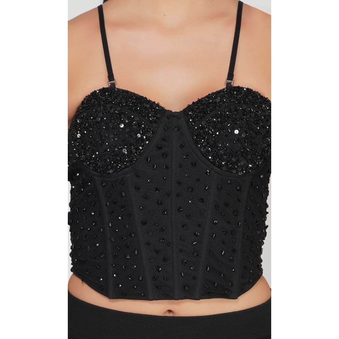 SLAY. Black Beaded Corset Top with Adjustable Straps