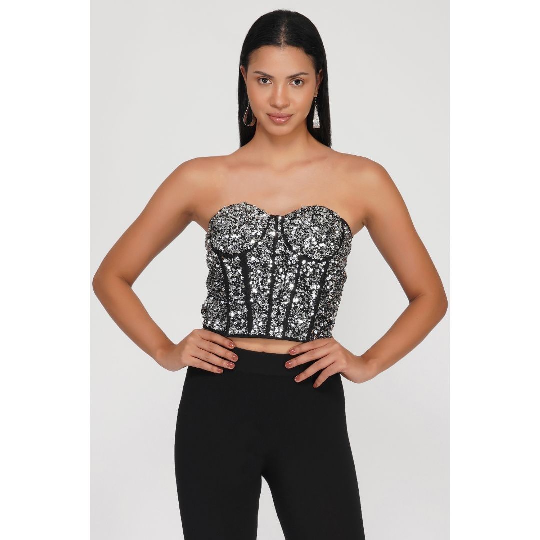 SLAY. Silver Beaded Corset Top with Adjustable Straps