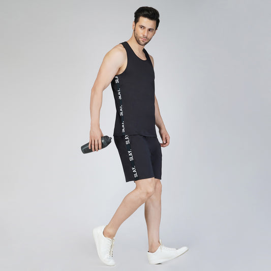 SLAY. Men's Activewear Black Gym Vest & Shorts Co-ord Set (4 way Stretch Fabric)