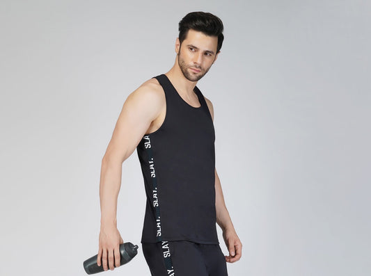 SLAY. Men's Activewear Black Gym Vest (4 way Stretch Fabric)