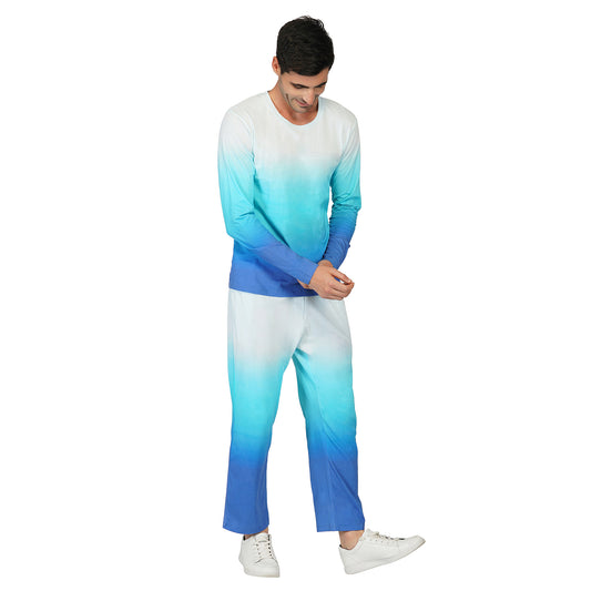 SLAY. Men's White to Blue Ombre Full Sleeves T Shirt & Pants Co-ord Set