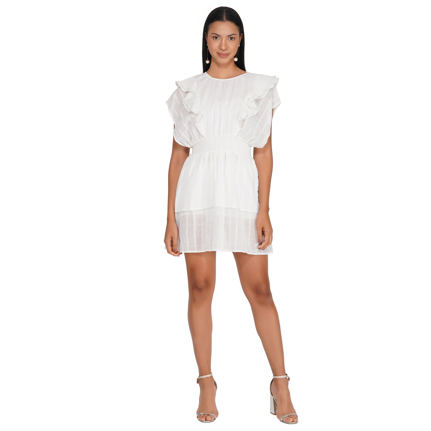 SLAY. Women's White Lurex Ruffle Short Dress-clothing-to-slay.myshopify.com-Dress