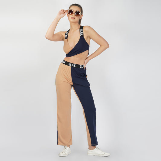 SLAY. Sport Women's Beige & Blue Colorblock Monochrome Contrast Co-ord Set