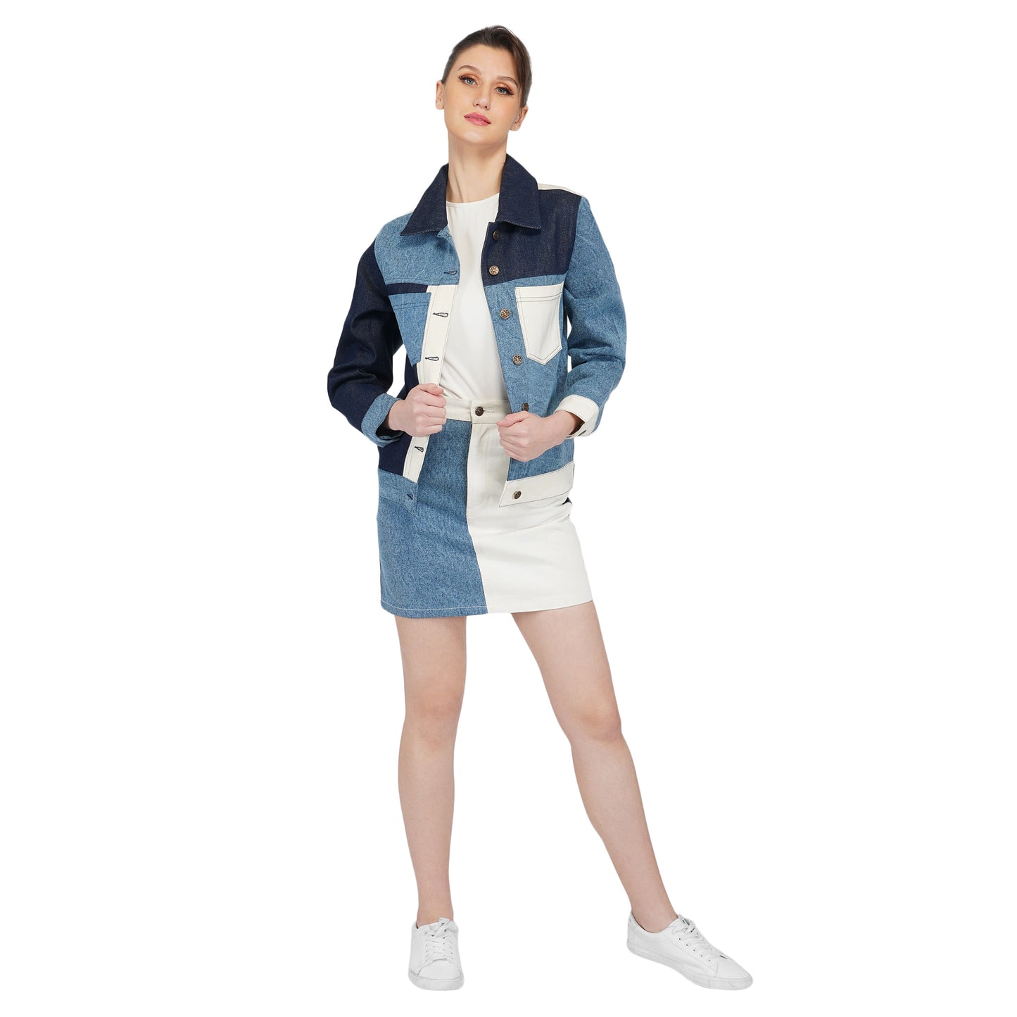 SLAY. Women's Blue & White Colorblock Denim Jacket & Skirt Coord Set-clothing-to-slay.myshopify.com-Outerwear